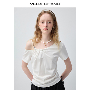 VEGA CHANG <span class=keywords><strong>T</strong></span>-<span class=keywords><strong>shirt</strong></span> bianca asimmetrica monospalla da <span class=keywords><strong>donna</strong></span> con dettaglio arricciato e coulisse, top casual slim fit - Product Image 5