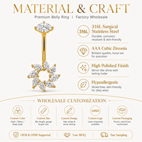 Anneaux de nombril en acier chirurgical 316L avec zircon CZ, motif chiot doré, papillon, libellule, fleur, bijoux de piercing pour femme