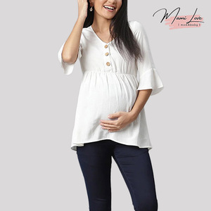 Blusa <span class=keywords><strong>de</strong></span> Maternidad para Oficina, Spandex/Algodón, Blanca, Cuello en V, <span class=keywords><strong>Botones</strong></span> al Frente, Manga con Vuelo, Transpirable, para Lactancia, Verano - Product Image 1