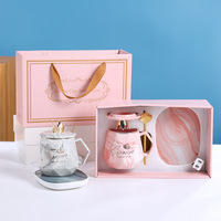 Ensemble chauffe-tasse à café et à thé en céramique à motif marbré avec couvercle, cuillère et sac cadeau, idéal pour souvenir