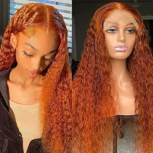 Wig rambut manusia keriting Jerry jahe wanita Afrika Wig rambut sintetis keriting dalam oranye 350 # Wig 150% ketebalan 13*4 Wig depan renda