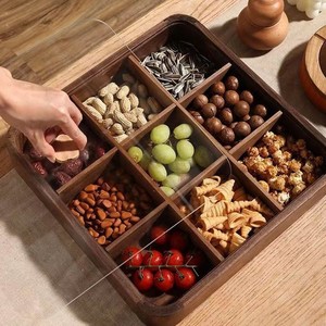 Caja de frutas con múltiples compartimentos de madera de nogal, contenedor de almacenamiento rectangular de 35x35x6,5 cm para aperitivos y frutas secas, uso en sala de estar - Product Image 4