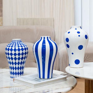 Vase à fleurs en céramique de style <span class=keywords><strong>bleu</strong></span> moderne scandinave, motif losange, décoration de salon - Product Image 1