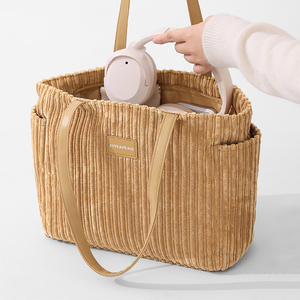 Vintage grote open beige boodschappentas duurzame casual schoudertas effen kleur dames corduroy tas - Product Image 6