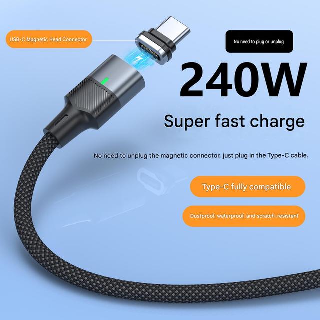 Magnetic USB-C Right-Angle Braided Shielding Nylon Data Cable 240W USB Type-C Mobile Phone Charging Port Detachable USB Plug