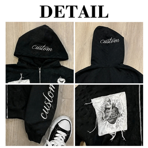 เสื้อฮู้ดดี้วินเทจแบบย้อมสีเอซิด 500 GSM ทรงโอเวอร์ไซส์ แต่งลายปักแบบดิสเทรส ผ้าฟลีซเฟรนช์เทอร์รี่ ซิปหน้า สำหรับผู้ชาย - Product Image 6