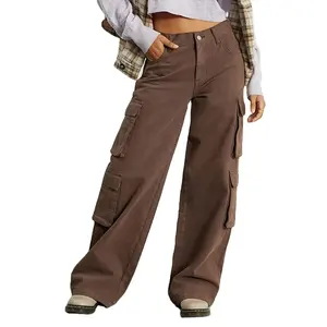 Newest Womens Cargo Pants Boggy Fit Cargo Trousers Brown Cotton Jogger Oxford Loose Fit Pants