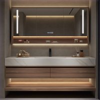 Ensemble de meuble-lavabo mural minimaliste italien en pierre frittée sans joint, avec porte en bois massif et construction en contreplaqué