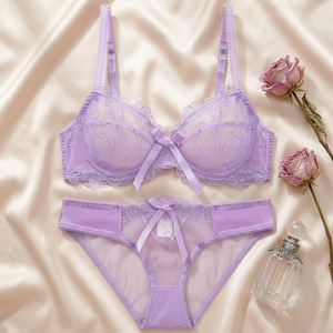 Conjunto de sujetador y bragas de encaje morado para mujer, 2 piezas, conjunto de sujetador sexy transparente, lencería francesa cómoda, conjunto de lencería de talla grande - Product Image 4