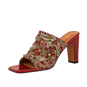 82-7 BIGTREE Dày Với Đôi Giày Cao Gót Hoa Kim Loại Đinh Tán Kim Cương Giày Của Phụ Nữ Vuông Đầu Mở-hở Mũi Một Dép Đi Trong Nhà Từ - Product Image 2