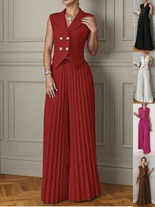 Dames Mouwloos Dubbel Rij-Rij Reversvest En Geplooide Wijde Pijpen Tweedelige Set Formele Werkfeestoutfit - Product Image 6