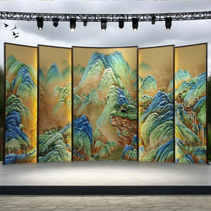 Vách ngăn màn hình lớn với bức tranh sơn mài vẽ tay mạ vàng của "bức tranh toàn cảnh sông Núi" - Product Image 4