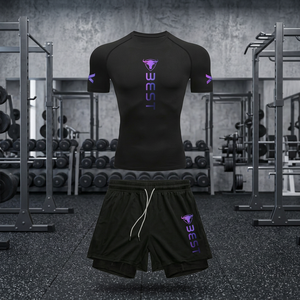 <b>Men's</b> Black <b>Compression</b> Rash Guard Short Sleeve Gym Workout Set Quick Dry Sports Kit with Purple Logo Print - Product Image 1