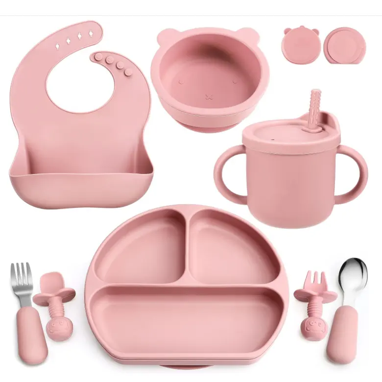 Jogo de alimentação de bebê em silicone para bebês, com logotipo personalizado sem BPA, com placa dividida e chupeta de silicone para bebês, garfo e colher