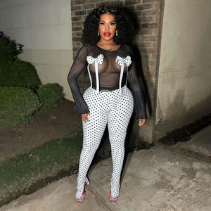Sexy <strong>See</strong> <strong>Though</strong> Two Pieces Pants Set With Bow Long Sleeve Mesh Crop <strong>Top</strong> and Point Print Legging Pants - Product Image 2