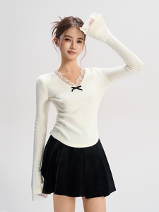 Haut d'automne Diba <span class=keywords><strong>La</strong></span> pour femmes New Style Velvet Bow Knit avec chemisier à col en V bordé de dentelle à volants - Product Image 4