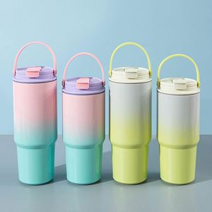 Gradient 30oz Stainless Steel Car <b>Cup</b> With Straw and Carry Handle Double Wall Vacuum Tumbler Insulated Hot Cold Drink <b>Cup</b> - Product Image 2