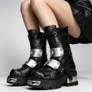 Stivali da Combattimento Gotici Punk da Donna in Vera Pelle con Plateau, Fibbia Metallica, Cerniera Laterale e Tacco a Blocco, Stivaletti da Motociclista - Product Image 1