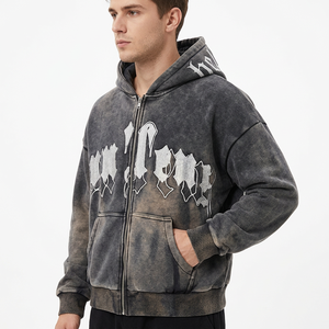 Customizable European <b>American</b> High Street Pullover Top Acid Wash Dark Style Letter Print Hooded Lined Loose Hip-hop Design 100% - Product Image 2