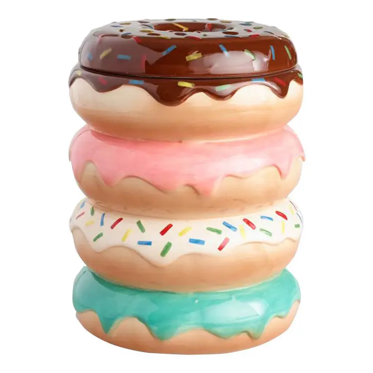 Custom Ceramic Hand painted Donut Cookie Candy Jar with Cover,Novelty Ceramic Biscuit Jar