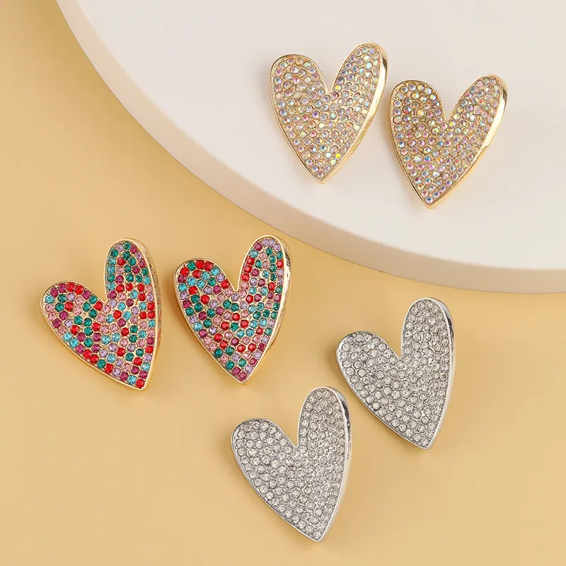 Korean 18K Gold Plated Colorful Glass Heart Shaped Earrings Irregular Crystal Rhinestone Love Heart Stud Earrings