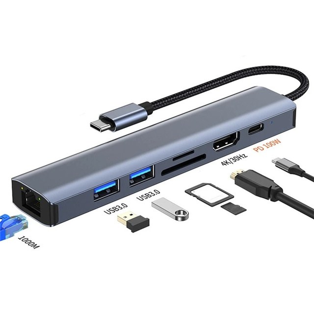7 In1 USB-C HUB USB 3.0 Expander Type-C Splitter 4K HDTV Docking Station Gigabit RJ45 Ethernet Adapter PD Charging for Laptop PC