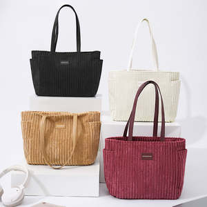 Bolsa de compras vintage, bolso de hombro informal y duradero, de pana de color liso para mujer, reutilizable - Product Image 1