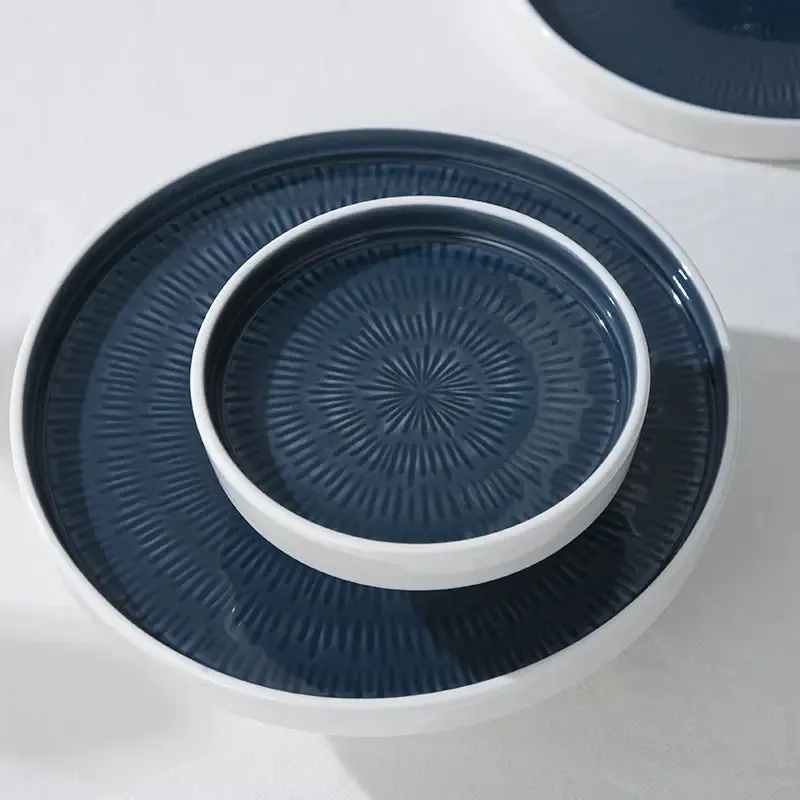 PITO Horeca Restaurant Porcelain Ceramic Plates Dinnerware Set Deep Blue Round Steak Serving Plates Tableware Set for Home