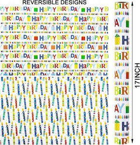 Papier cadeau d'anniversaire double face imprimé avec des motifs de bougies, des mots joyeux anniversaire colorés, personnalisable - Product Image 2