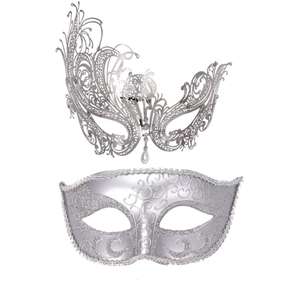 银色情侣金属水钻面具威尼斯化妆舞会服装面具套装Cosplay派对舞会婚礼舞会戏剧面具 - Product Image 3