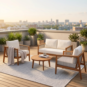 <b>Outdoor</b> Garden <b>Sofa</b> Set Solid Teak Wood Rope Woven Patio Couch and Chair with Waterproof Cushions for Porch Yard - Product Image 3