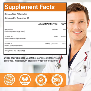 Cápsulas de Glicinato de Magnesio OEM/ODM 400mg, Mejora la Densidad Ósea y la Calidad del Sueño, Suplemento Diario con Vitaminas B6 y D3 para Adultos - Product Image 5