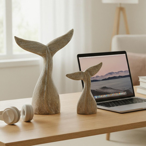 Solid Wood Whale Tail Ornament 2Pcs <b>Rustic</b> Home Decoration Craft For Living Room <b>Shelf</b> Display - Product Image 2
