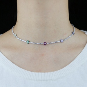 Collier ras du cou pour femmes, plaqué or, coloré, arc-en-ciel, zircon cubique, fleur, breloque fine, chaîne de Tennis, <span class=keywords><strong>32</strong></span> + 10CM, à la mode - Product Image 6