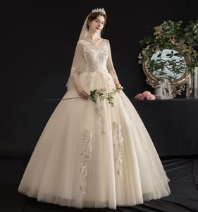 NDB10315 Abito da <span class=keywords><strong>Sposa</strong></span> Principale Nuovo Modello Lussuoso Qi Sottile Colore Champagne Retrò Maniche Lunghe Semplice per Bambina - Product Image 5