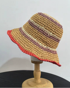 Handwoven Striped Straw Bucket Hat Woven Sun Hat Lightweight Casual Beach <b>Cap</b> for Spring and <b>Summer</b> - Product Image 2