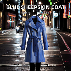Manteau en cuir véritable bleu roi, long, respirant, écologique, élégant, doux, avec ceinture, col rabattu, sur mesure, style trench. - Product Image 2