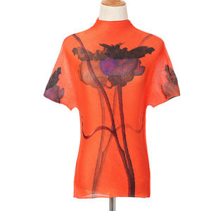 À la mode haute élastique en mousseline de soie plissée hauts femmes demi col roulé trois lits imprimé T-shirts manches courtes coupe ajustée respirant - Product Image 6