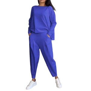 Solid Color Round Neck Long Sleeve Pocket Pants Women's Casual 2 Piece <b>Set</b> Fashion - Product Image 1