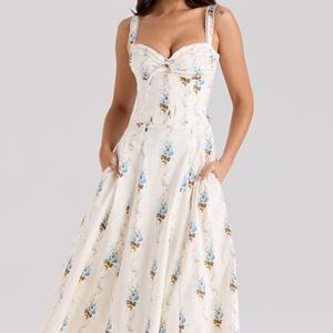 Abito Midi <span class=keywords><strong>in</strong></span> cotone con corsetto <span class=keywords><strong>in</strong></span> cotone con stampa a trapezio con cinturino <span class=keywords><strong>in</strong></span> Tulle a strati senza maniche Vintage senza maniche - Product Image 1