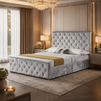 Cadre de lit capitonné en velours gris de luxe avec tête de lit haute et boutons capitonnés, lit moderne en velours, mobilier de chambre à coucher taille King