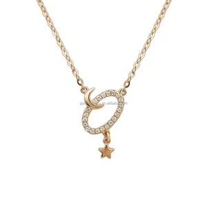 Elegant Moon Star 18k Solid Gold Necklace Oval Pendant Jewelry 18k Real Gold Natural Diamond Necklace Women Jewelry wholesale