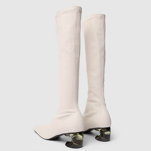 Women's Square Toe Knee High Boots High Mixed Hook Heels Solid Long Boots Skintight Custom <b>Shoes</b> - Product Image 3