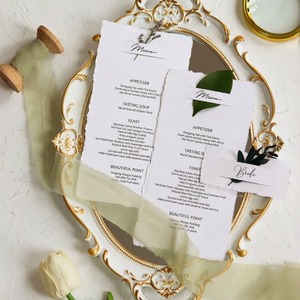 Tarjeta de Menú de Boda Personalizada con Borde Desflecado, Impresión Personalizada con Tarjeta de Lugar para Suministros de Mesa de Recepción de Bodas - Product Image 1