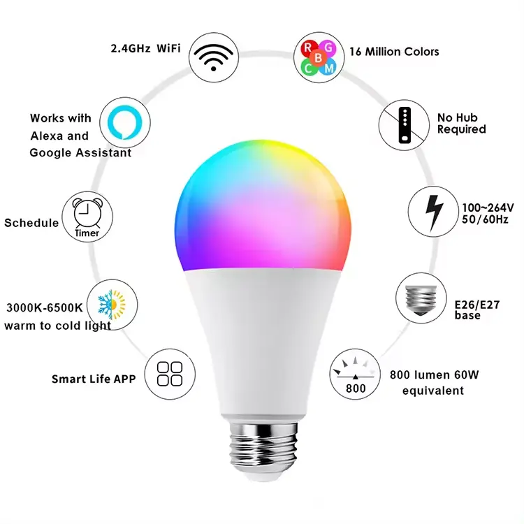Hot Alexa et Google Home Assistant Décoration 12 Pack WiFi App Control Color Changing 9w RGB Smart LED Smart Bulb