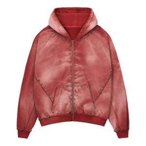 High Quality Red Streetwear Relax Fit French Terry Custom Logo Design Zip up Metal <b>Studded</b> Hoodies <b>for</b> <b>Men</b> - Product Image 3