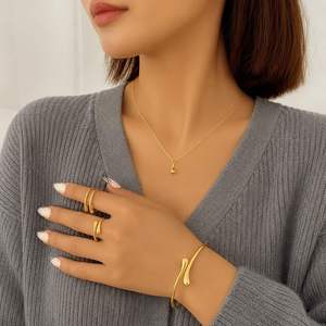 4pcs/<b>set</b> Gold Plated Water Drop Jewelry <b>Set</b> Necklace Earrings Rings <b>Bangle</b> Bracelet Women's Fashion Gift Jewelry - Product Image 1