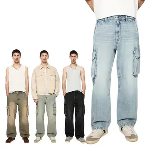 Gingtto Multi-Pocket Desgin Klassieke Effen Kleur Heren Losse Baggy Cargo Jeans