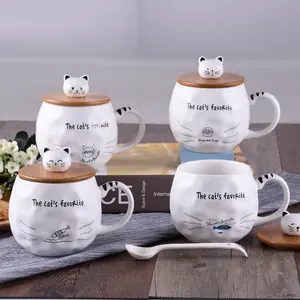 Yding可爱猫3D陶瓷马克杯创意牛奶咖啡茶杯独特的瓷杯带盖和勺子