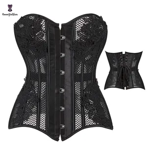 Plus Size Busty Women Burlesque Overbust Corselet Appliqued Intimate Clothes Hollow Out Net Corsets And Bustiers With G String